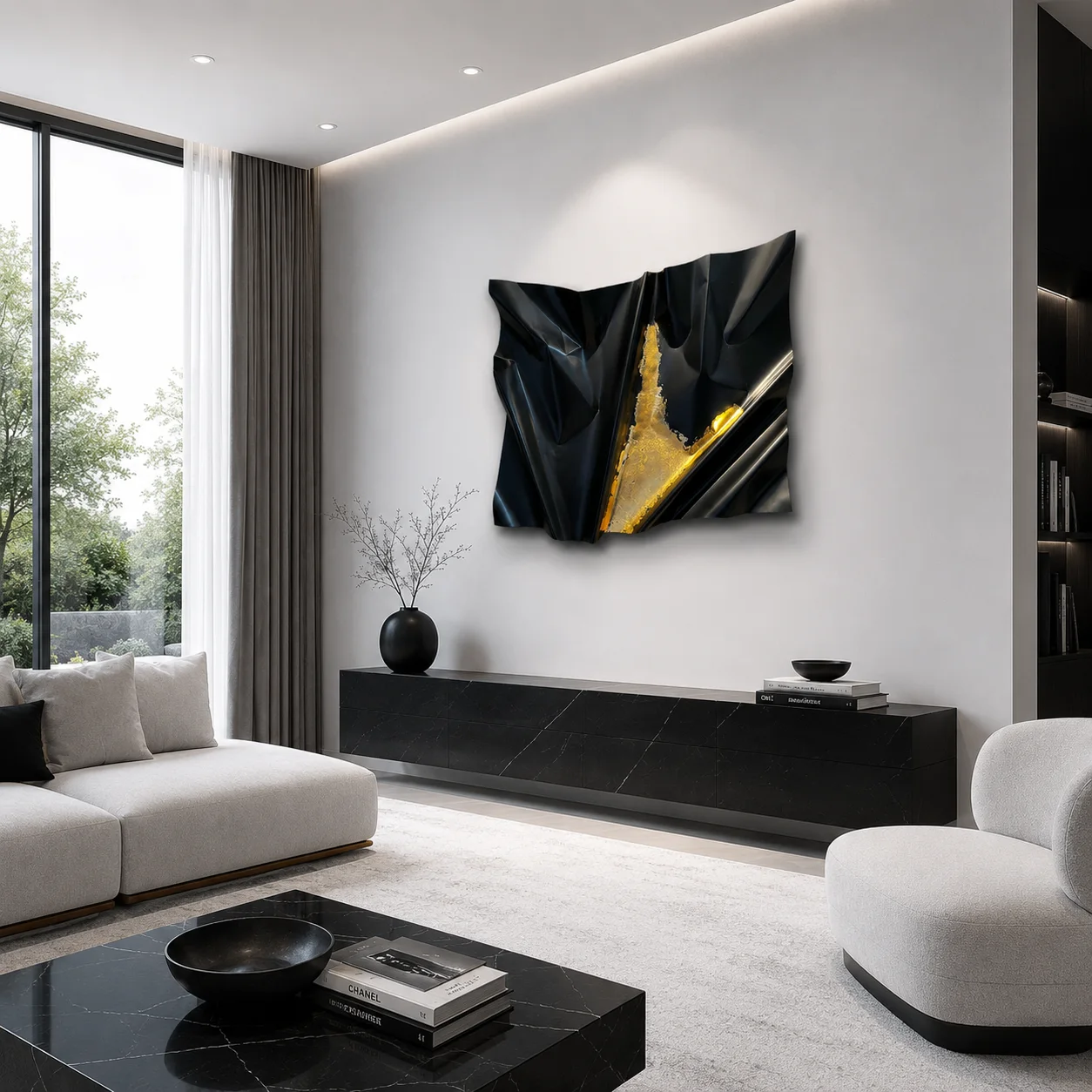 Escultura de Pared Negra con hoja de Oro II - imagen 2